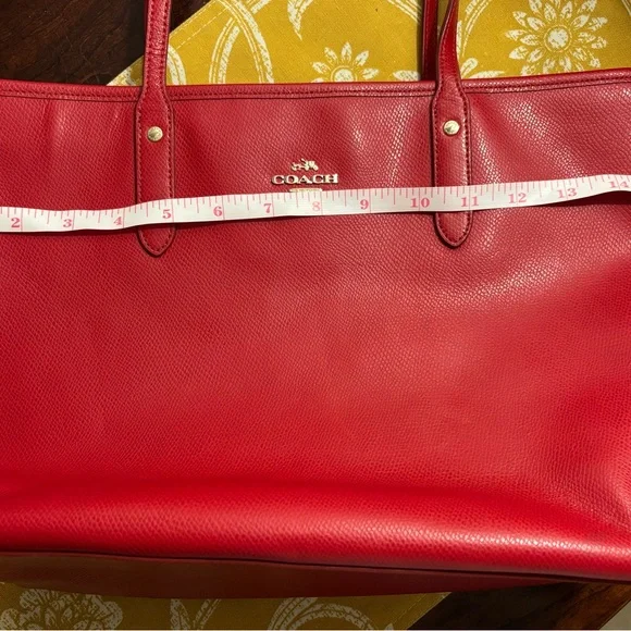 Coach Red Pebbled Leather Tote with Gold Accents - Picture 11 of 14